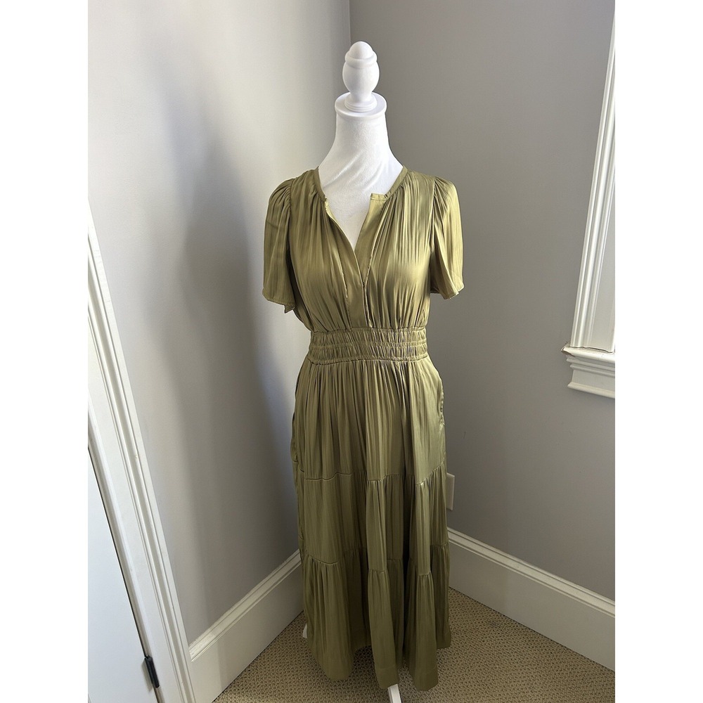 By Anthropologie Olive Green Tiered Ruched Maxi Dress Sz SP